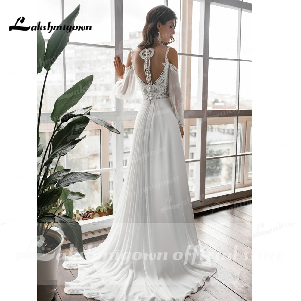 2021 Long Sleeve Off Shoulder Spaghetti Straps Deep V Neck Wedding Dresses Lace Chiffon Bohemian stylerobe de mariée fille - ROYCEBRIDAL OFFICIAL STORE