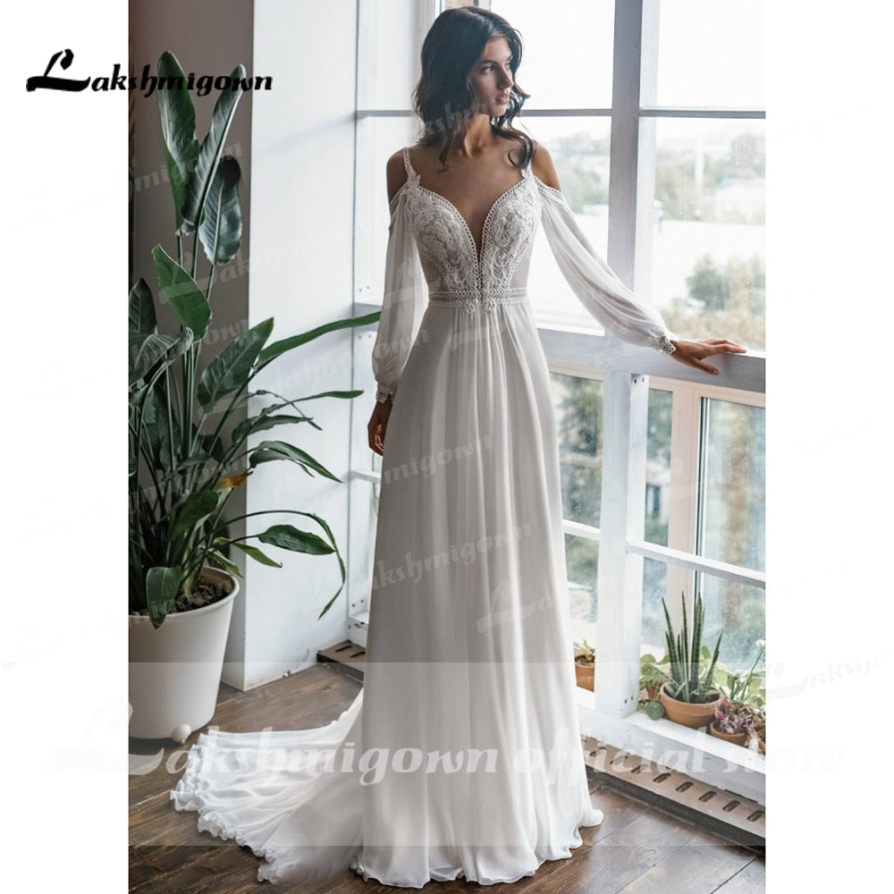 2021 Long Sleeve Off Shoulder Spaghetti Straps Deep V Neck Wedding Dresses Lace Chiffon Bohemian stylerobe de mariée fille - ROYCEBRIDAL OFFICIAL STORE