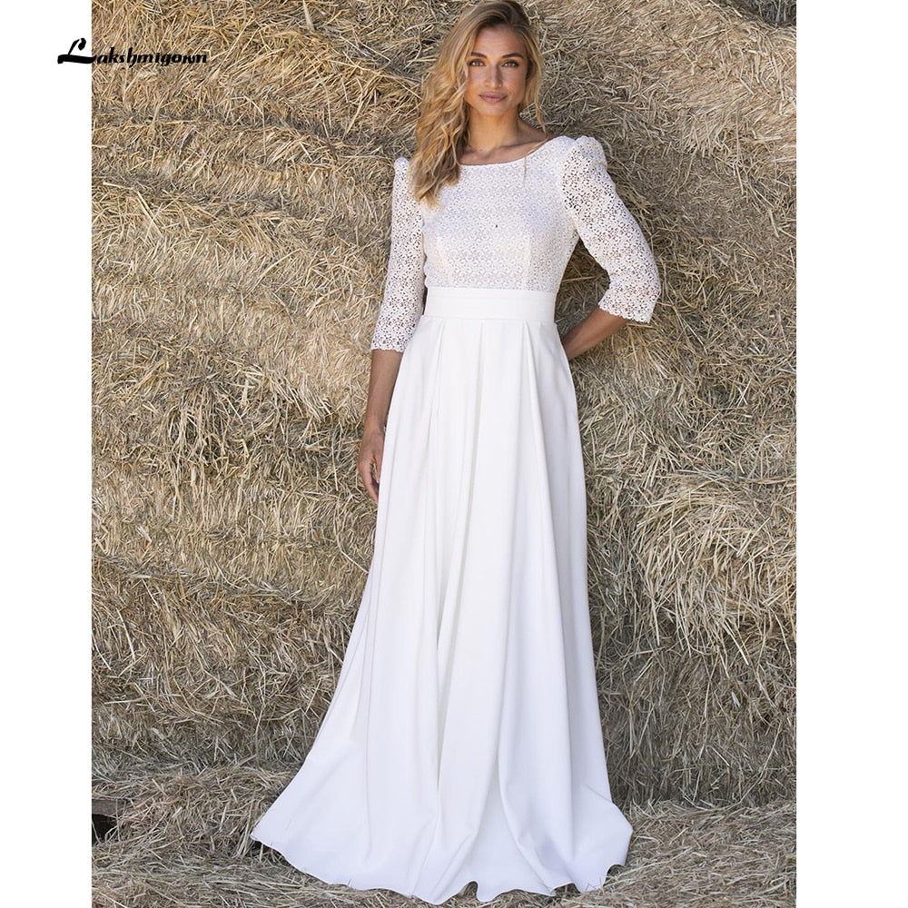 Lace O Neck Half Sleeve Satin Backless Wedding Dresses With Pocket Simple Elegant Modern vestidos de novia bohemio verano 2021 - ROYCEBRIDAL OFFICIAL STORE