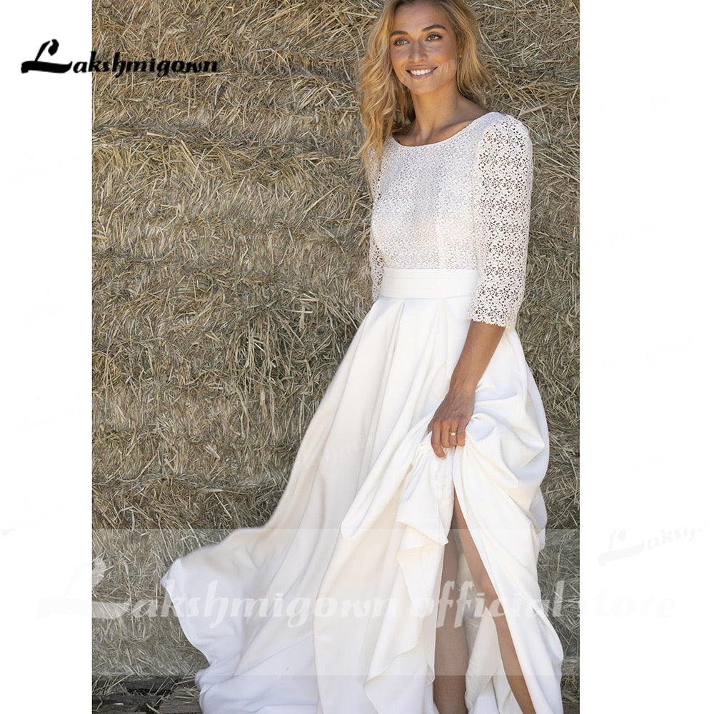 Lace O Neck Half Sleeve Satin Backless Wedding Dresses With Pocket Simple Elegant Modern vestidos de novia bohemio verano 2021 - ROYCEBRIDAL OFFICIAL STORE