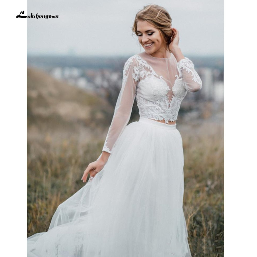 Trouwjurk Two Pieces Lace Tulle Long Sleeve Boho Wedding Dresses Bohemian Beach Bridal Gown sukienka na wesele 2021 Lakshmigown - ROYCEBRIDAL OFFICIAL STORE