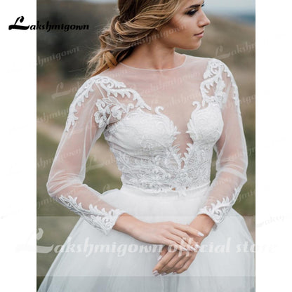 Trouwjurk Two Pieces Lace Tulle Long Sleeve Boho Wedding Dresses Bohemian Beach Bridal Gown sukienka na wesele 2021 Lakshmigown - ROYCEBRIDAL OFFICIAL STORE