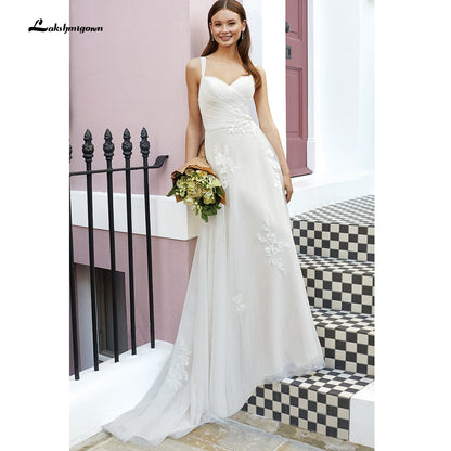 vestido noiva 2021 Pleats Lace Spaghetti Straps Off the Shoulder Boho Wedding Dresses Backless Elegant trajes de novias largos - ROYCEBRIDAL OFFICIAL STORE