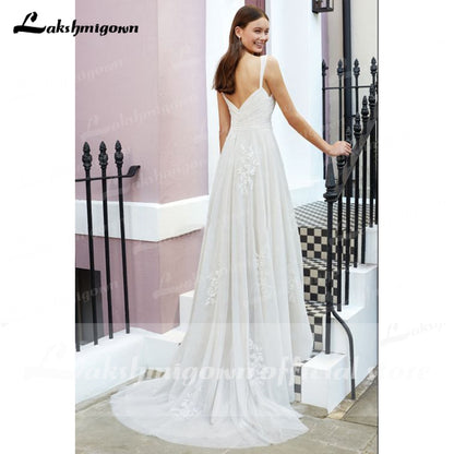 vestido noiva 2021 Pleats Lace Spaghetti Straps Off the Shoulder Boho Wedding Dresses Backless Elegant trajes de novias largos - ROYCEBRIDAL OFFICIAL STORE