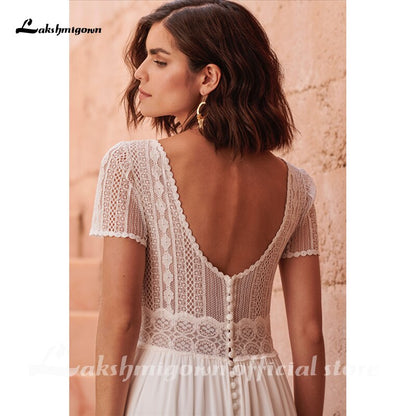 Lakshmigown Bohemian High Neck Beach A-Line Wedding Dresses Short Sleeves Chiffon Wedding Dress Bridal Gowns Vestido De Novia - ROYCEBRIDAL OFFICIAL STORE