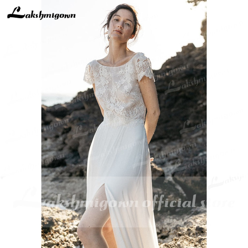 2021 Two Pieces High Split Lace Top Chiffon Wedding Dress O Neck Short Sleeve Bridal Gowns robe de soirée de mariage Lakshmigown - ROYCEBRIDAL OFFICIAL STORE