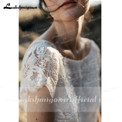 2021 Two Pieces High Split Lace Top Chiffon Wedding Dress O Neck Short Sleeve Bridal Gowns robe de soirée de mariage Lakshmigown - ROYCEBRIDAL OFFICIAL STORE