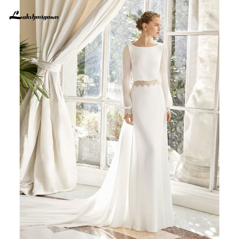 Chiffon Beach Wedding Dress 2021 Lace Boho Bride Dress Long Sleeves Backless Wedding Gown Custom Made Vestidos de novia - ROYCEBRIDAL OFFICIAL STORE