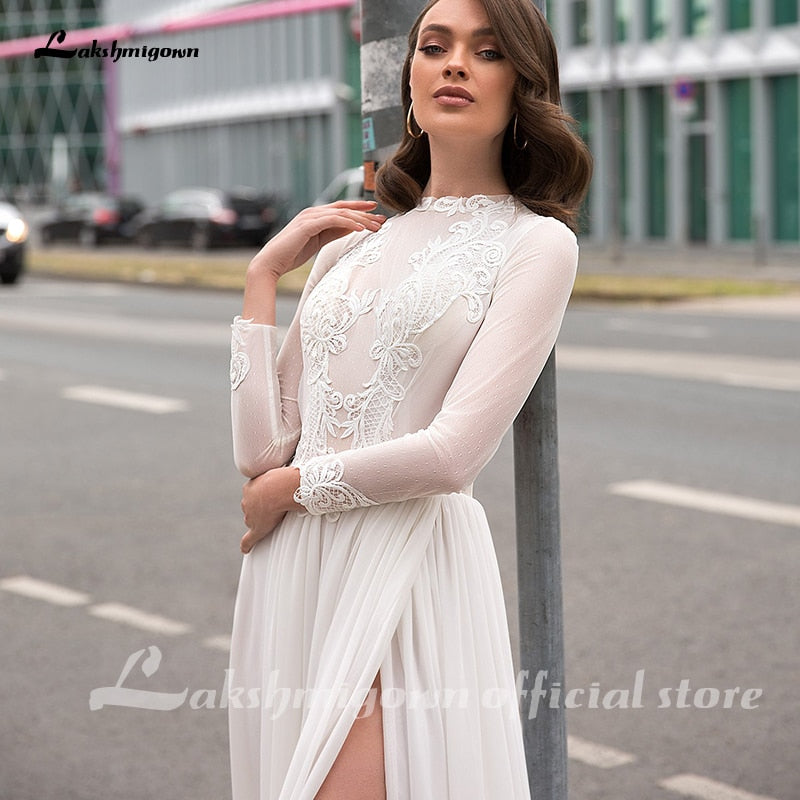 Lakshmigown Sexy Long Sleeves Plus Size Bridal Gown Appliqued Chiffon Beach Wedding Dress with Slit Abiti Da Sposa - ROYCEBRIDAL OFFICIAL STORE