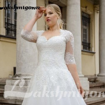 Plus Size Wedding Dress With Half Sleeve Custom Made Lace Appliques Lace Up Back Bride Dress For Big Size Women - ROYCEBRIDAL OFFICIAL STORE