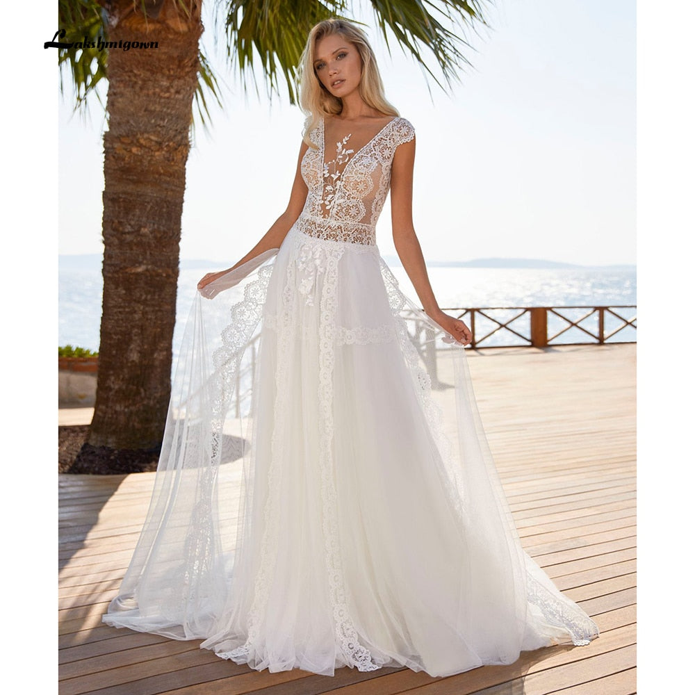 robe de mariée Deep V Neck Lace Cap Sleeve Backless Wedding Dresses Sexy Beach Bridal Gown trouwjurk vestido para boda playa - ROYCEBRIDAL OFFICIAL STORE