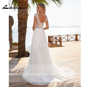 robe de mariée Deep V Neck Lace Cap Sleeve Backless Wedding Dresses Sexy Beach Bridal Gown trouwjurk vestido para boda playa - ROYCEBRIDAL OFFICIAL STORE