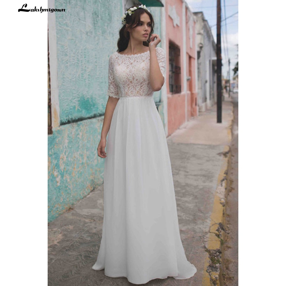 Simple half sleeves lace Wedding Dress ivory Beach Bohemian Bridal Gowns Lace Backless Vestidos Boda Boho Style Robe de mariee - ROYCEBRIDAL OFFICIAL STORE