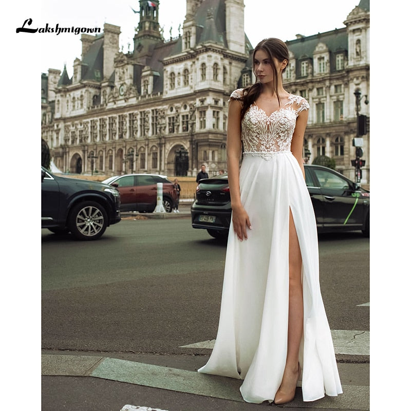 Lakshmigown Fashion Boho Slit Chiffon Wedding Dress 2021 High Quality V-neck Sweep Train Backless Bridal Gowns - ROYCEBRIDAL OFFICIAL STORE