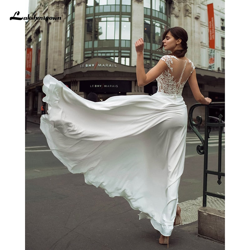 Lakshmigown Fashion Boho Slit Chiffon Wedding Dress 2021 High Quality V-neck Sweep Train Backless Bridal Gowns - ROYCEBRIDAL OFFICIAL STORE