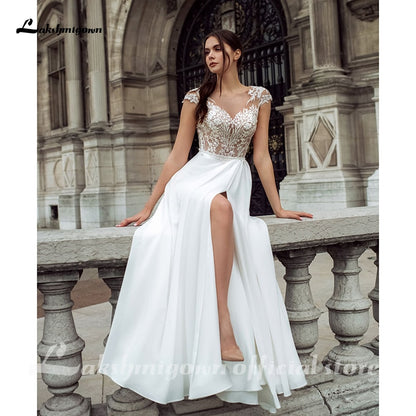 Lakshmigown Fashion Boho Slit Chiffon Wedding Dress 2021 High Quality V-neck Sweep Train Backless Bridal Gowns - ROYCEBRIDAL OFFICIAL STORE