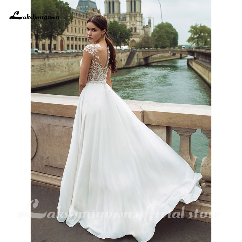 Lakshmigown Fashion Boho Slit Chiffon Wedding Dress 2021 High Quality V-neck Sweep Train Backless Bridal Gowns - ROYCEBRIDAL OFFICIAL STORE