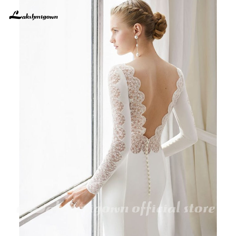 White Lace Chiffon Wedding Dress 2021 Boho Scoop Neck Court Train Lace Long Sleeve A Line Bridal Gowns Plus Size Custom Made - ROYCEBRIDAL OFFICIAL STORE