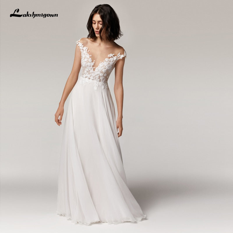 Simple Beach Wedding Dress cap sleeves 2021 Robe Longue Femme  Sexy Bohemian Bridal Dress Backless - ROYCEBRIDAL OFFICIAL STORE