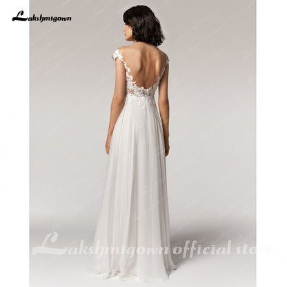 Simple Beach Wedding Dress cap sleeves 2021 Robe Longue Femme  Sexy Bohemian Bridal Dress Backless - ROYCEBRIDAL OFFICIAL STORE