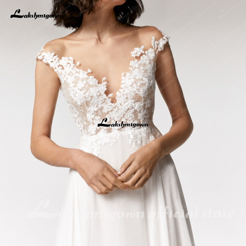 Simple Beach Wedding Dress cap sleeves 2021 Robe Longue Femme  Sexy Bohemian Bridal Dress Backless - ROYCEBRIDAL OFFICIAL STORE