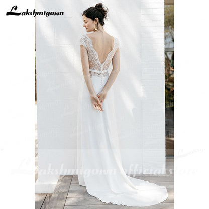 Lakshmigown 2021 Elegant Split Satin Lace Back Buttons Wedding Dresses for Bridal V Neck Beach Short Sleeve Backless robe mariée - ROYCEBRIDAL OFFICIAL STORE