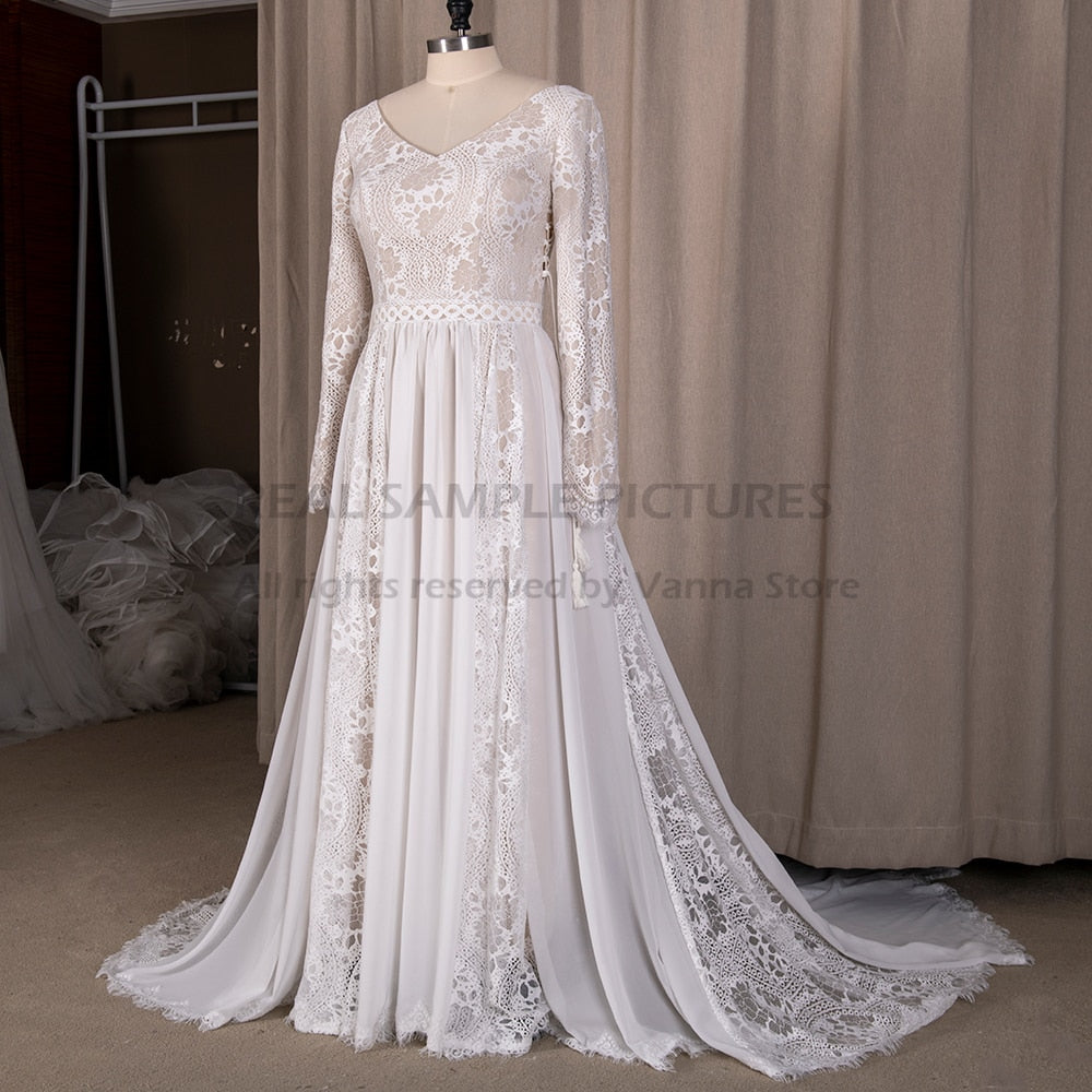 Roycebridal 2022 Beach Boho Elopement Photoshoot Wedding Dress V Neck Lace Chiffon A Line Seaside Long Sleeve Big Sizes Bridal Gown