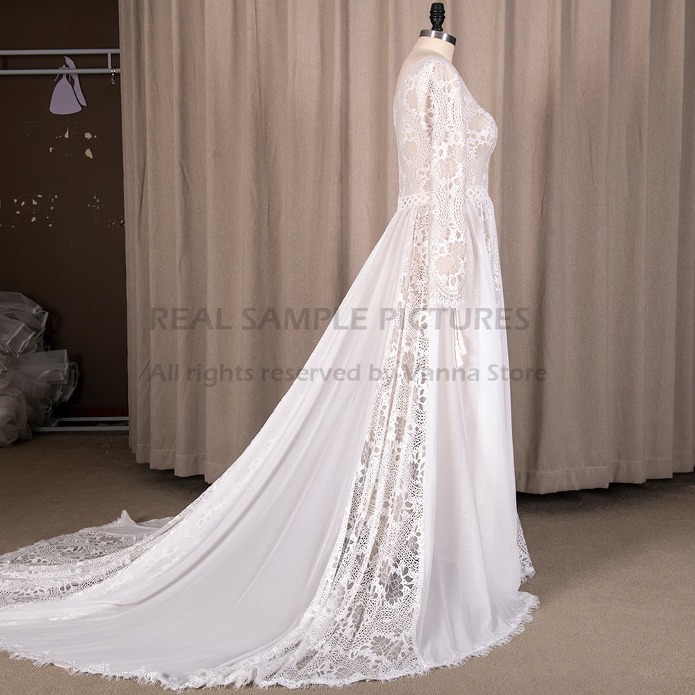 Roycebridal 2022 Beach Boho Elopement Photoshoot Wedding Dress V Neck Lace Chiffon A Line Seaside Long Sleeve Big Sizes Bridal Gown