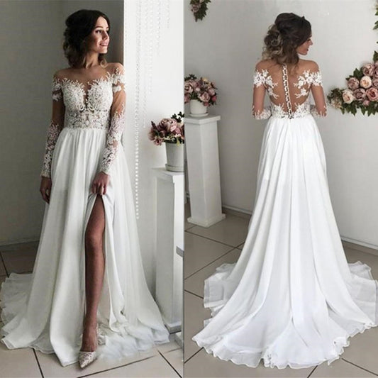 Roycebridal Lace Slit Wedding Dress Long Sleeves A-line Split Chiffon Dubai Arabic Simple Boho Long Vestido De Noiva Bridal Dresses