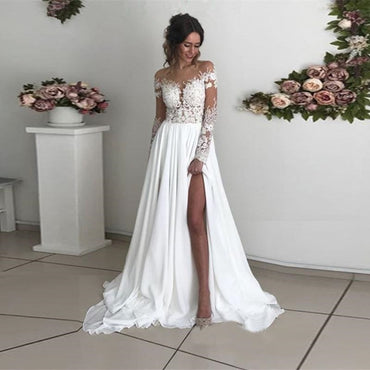 Roycebridal Lace Slit Wedding Dress Long Sleeves A-line Split Chiffon Dubai Arabic Simple Boho Long Vestido De Noiva Bridal Dresses