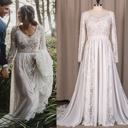 Roycebridal 2022 Beach Boho Elopement Photoshoot Wedding Dress V Neck Lace Chiffon A Line Seaside Long Sleeve Big Sizes Bridal Gown