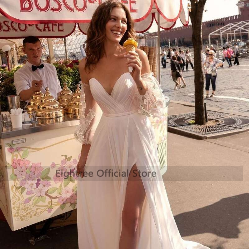 Roycebridal Eightree Sexy Summer Wedding Dresses 2021 Lace Chiffon Bride Dress Puff Sleeve Split Side Bow Beach Wedding Gowns Women Cheap