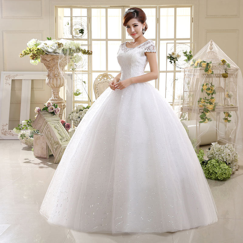 Roycebridal White Short Sleeves Wedding Dress Simple O-Neck Embroidery Floor-Length Backless Lace Up Plus Size Wedding Gowns For Women G111