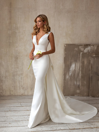 Roycebridal Simple Elegant Satin Mermaid Wedding Dress Detachable Bowknot Overskirt 2024 Bow Bridal GownPlus Size