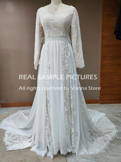 Roycebridal 2022 Beach Boho Elopement Photoshoot Wedding Dress V Neck Lace Chiffon A Line Seaside Long Sleeve Big Sizes Bridal Gown