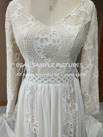 Roycebridal 2022 Beach Boho Elopement Photoshoot Wedding Dress V Neck Lace Chiffon A Line Seaside Long Sleeve Big Sizes Bridal Gown