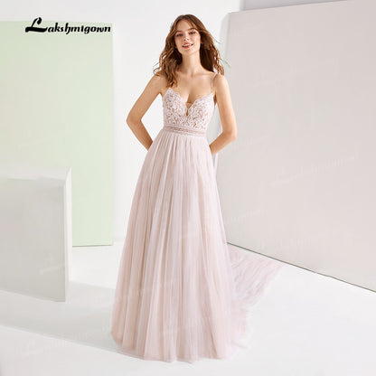 Boho Spaghetti Straps Wedding Dresses 2021 vestido de noiva Plus Size Beach Wedding Gowns Elagant Tulle A-line Bridal Dresses - ROYCEBRIDAL OFFICIAL STORE