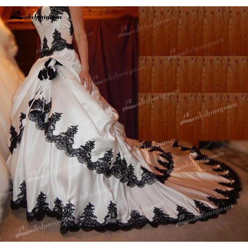 Black and White Wedding Dresses 2021 Gothic Lace Applique Tiered Bridal Dress Long Train Lace Up Satin Halloween Bridal 1920's - ROYCEBRIDAL OFFICIAL STORE