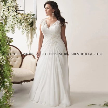 Roycebridal Elegant Plus Size Wedding Dresses V-neck Cap Sleeves Robe de Mariage Sweep Train Appliqued Open Back Chiffon Bridal Gown