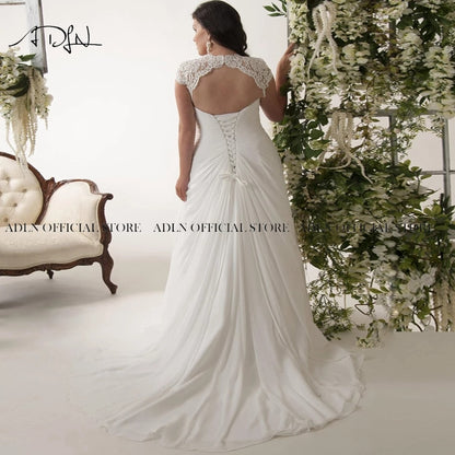 Roycebridal Elegant Plus Size Wedding Dresses V-neck Cap Sleeves Robe de Mariage Sweep Train Appliqued Open Back Chiffon Bridal Gown