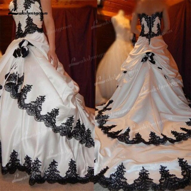 Black and White Wedding Dresses 2021 Gothic Lace Applique Tiered Bridal Dress Long Train Lace Up Satin Halloween Bridal 1920's - ROYCEBRIDAL OFFICIAL STORE