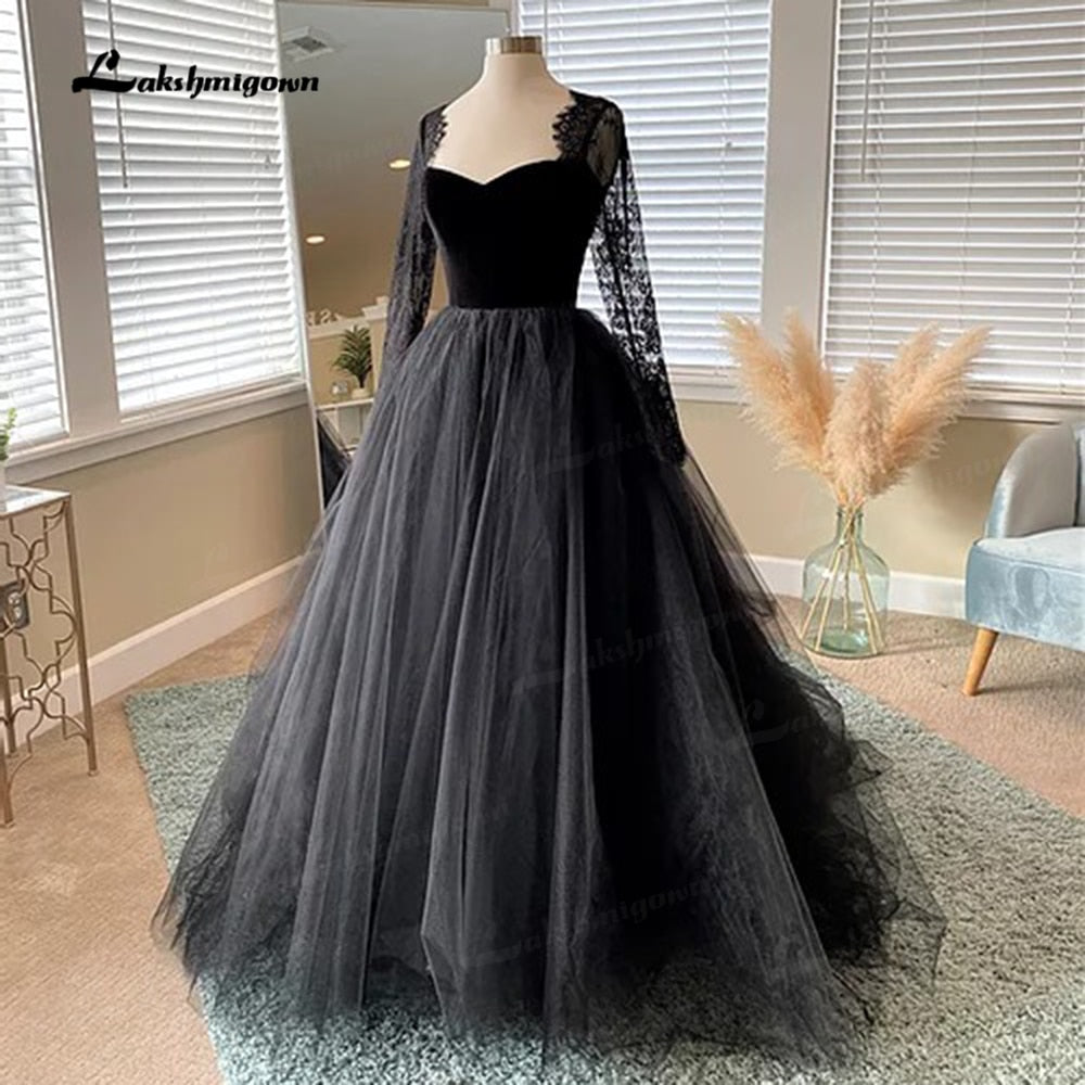 Simple Gothic Black Wedding Dresses 2021 Long Sleeves Boho A-line Bridal Dress Vintage Sweetheart Wedding Gowns vestido de novia - ROYCEBRIDAL OFFICIAL STORE