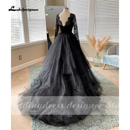 Simple Gothic Black Wedding Dresses 2021 Long Sleeves Boho A-line Bridal Dress Vintage Sweetheart Wedding Gowns vestido de novia - ROYCEBRIDAL OFFICIAL STORE