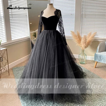 Simple Gothic Black Wedding Dresses 2021 Long Sleeves Boho A-line Bridal Dress Vintage Sweetheart Wedding Gowns vestido de novia - ROYCEBRIDAL OFFICIAL STORE