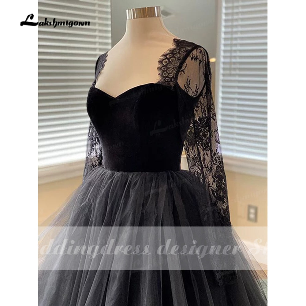 Simple Gothic Black Wedding Dresses 2021 Long Sleeves Boho A-line Bridal Dress Vintage Sweetheart Wedding Gowns vestido de novia - ROYCEBRIDAL OFFICIAL STORE