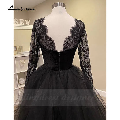 Simple Gothic Black Wedding Dresses 2021 Long Sleeves Boho A-line Bridal Dress Vintage Sweetheart Wedding Gowns vestido de novia - ROYCEBRIDAL OFFICIAL STORE