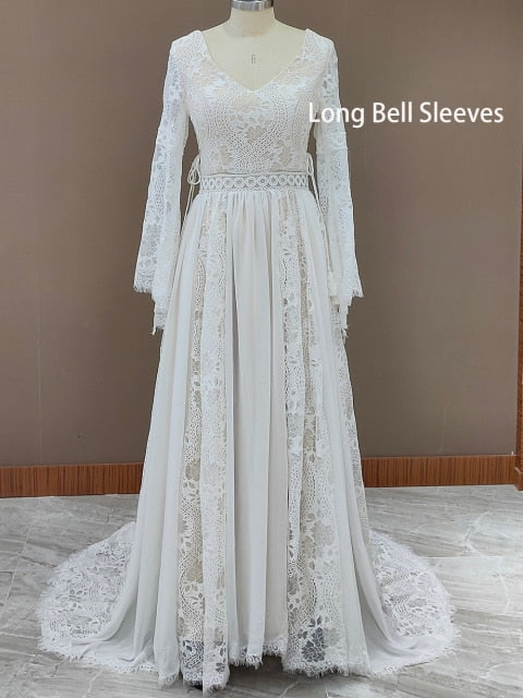 Roycebridal 2022 Beach Boho Elopement Photoshoot Wedding Dress V Neck Lace Chiffon A Line Seaside Long Sleeve Big Sizes Bridal Gown