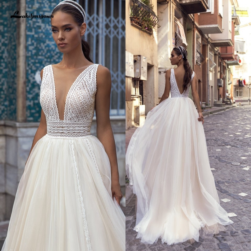 Lakshmigown Sexy Boho Bridal Beach Wedding Dress 2021 Robes Sukienka A Line Wedding Dresses Lace Bodice Plunging Backless - ROYCEBRIDAL OFFICIAL STORE