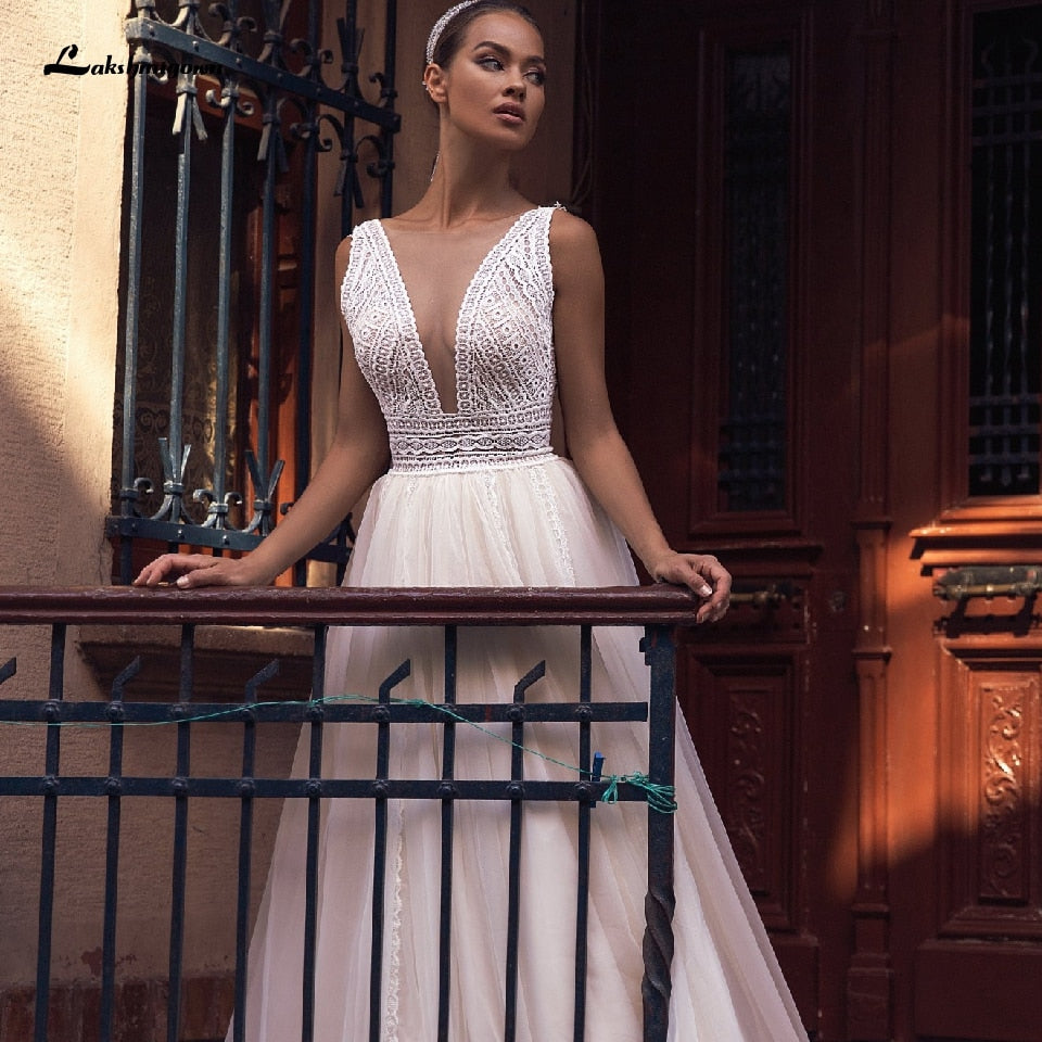 Lakshmigown Sexy Boho Bridal Beach Wedding Dress 2021 Robes Sukienka A Line Wedding Dresses Lace Bodice Plunging Backless - ROYCEBRIDAL OFFICIAL STORE