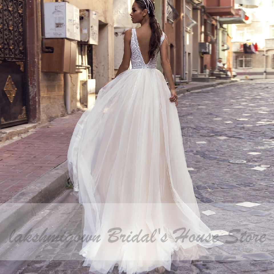 Lakshmigown Sexy Boho Bridal Beach Wedding Dress 2021 Robes Sukienka A Line Wedding Dresses Lace Bodice Plunging Backless - ROYCEBRIDAL OFFICIAL STORE